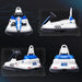 White kids bumper car with blue accents, steering wheel, race decals and black base