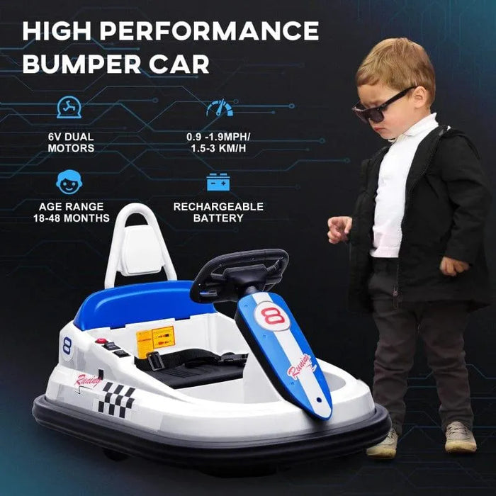 White kids bumper car with blue accents, race decals, and a child standing nearby