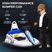 White kids bumper car with blue accents, race decals, and a child standing nearby