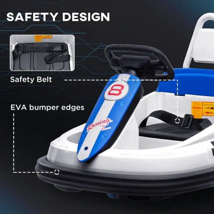 White and blue kids bumper car with safety belt, EVA bumper edges, steering wheel.