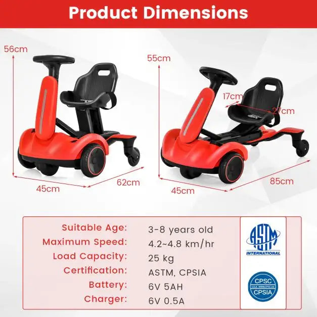 6V Kids Electric Drift Car – Red | 360° Spin - Adjustable Seat COSTWAY - Little and Giant Explorers Costway