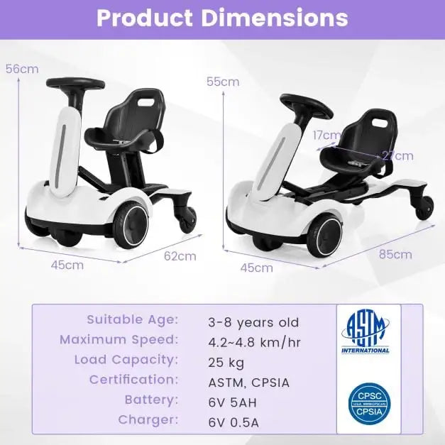 6V Kids Electric Drift Car – White | 360° Spin - Adjustable Seat COSTWAY - Little and Giant Explorers Costway