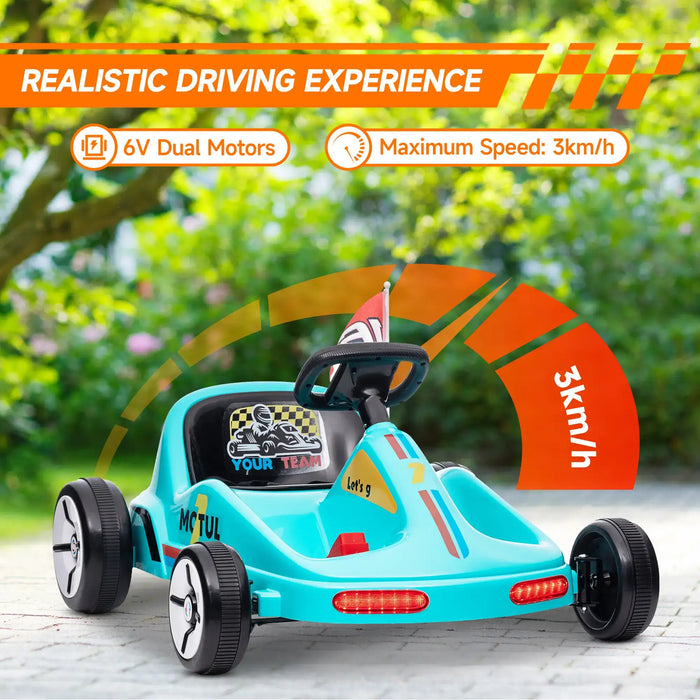 Children's toy car with dual motors and speed indicator on a blurred outdoor background