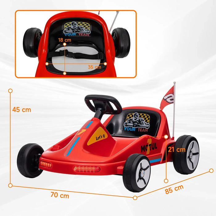 Red toy go-kart with measurements on a white background
