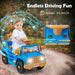 Toddler boy riding blue toy car with animal windshield decals on outdoor dirt path