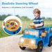 Young boy driving blue and brown ride-on toy car with realistic steering wheel and animal decals