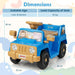 Blue and gold kids riding toy car with animal cartoon windshield decal and seat dimensions