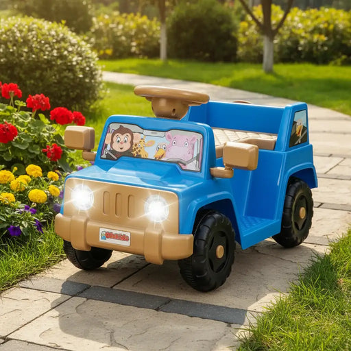 Blue and tan kids ride-on toy jeep with cartoon animal stickers, parked on garden path with flowers