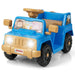 Blue and tan kids ride-on toy car with animal characters on windshield and glowing headlights