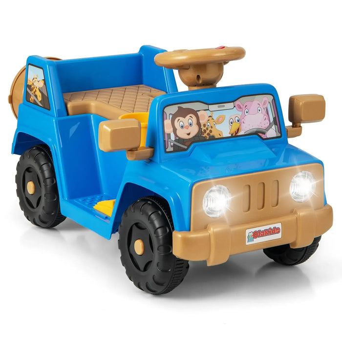 Blue and tan kids ride-on toy jeep with animal character stickers on windshield