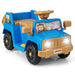 Blue and tan kids ride-on toy jeep with animal character stickers on windshield