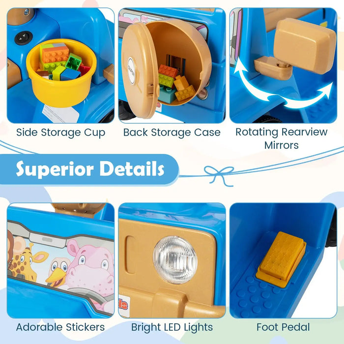 Blue kids riding toy with side storage cup, back storage case, rotating mirrors, stickers, LED lights, foot pedal
