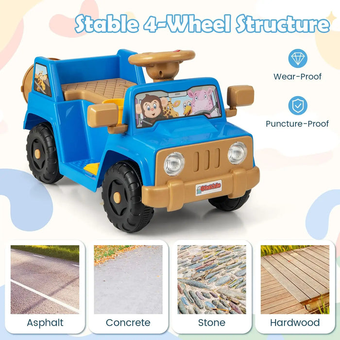 Blue and tan kids ride-on toy car with animal decals, stable 4-wheel design, wear and puncture-proof tires