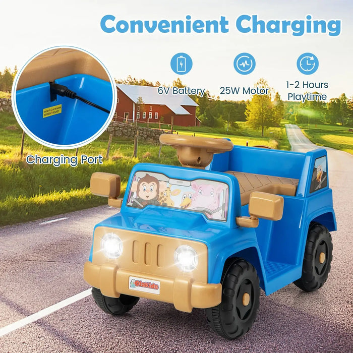 Blue and tan kids electric ride-on toy jeep with animal cartoon windshield and charging port