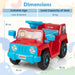 Red and blue kids ride-on toy car with animal illustrations and size dimensions