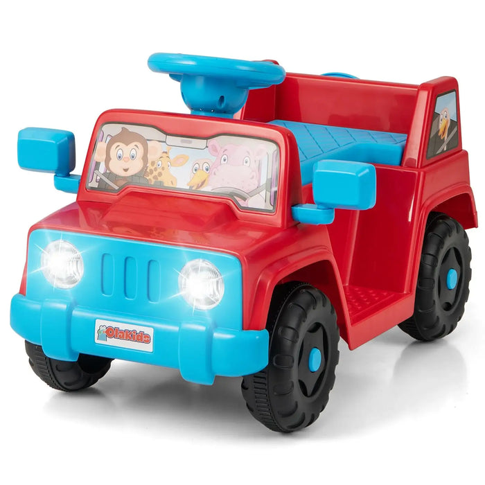 Red and blue kids ride-on toy jeep with cartoon animal driver decals and headlights on