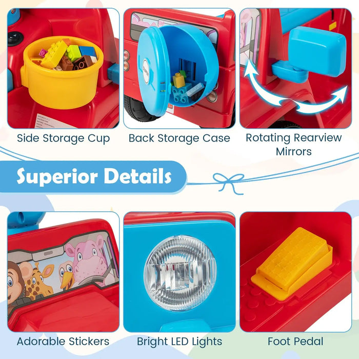 Kids ride-on toy car features side storage cup, back storage case, rotating mirrors, stickers, LED lights, and foot pedal