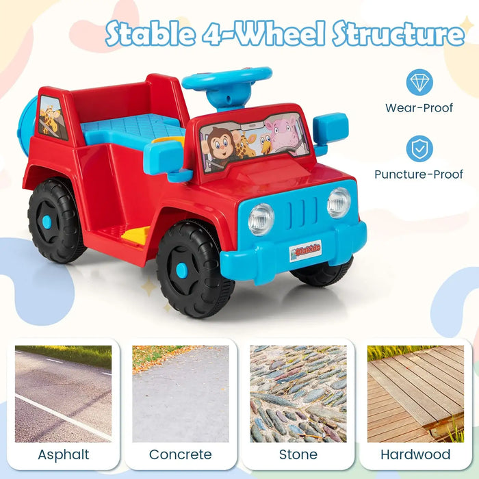 Red and blue kids ride-on toy car with cartoon animal windshield, stable 4-wheel design