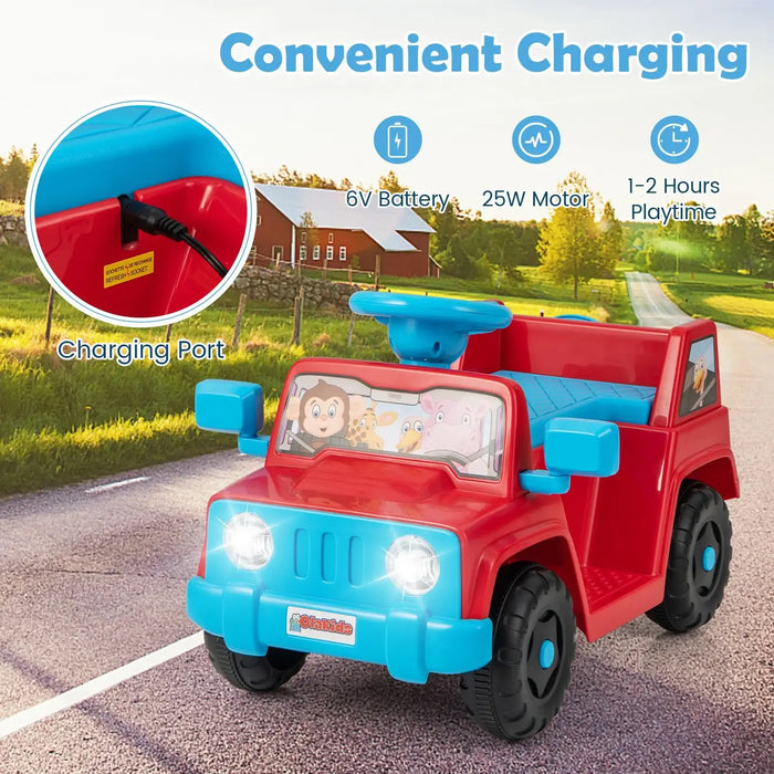 Red and blue kids electric ride-on jeep toy with cartoon animal decal and LED headlights