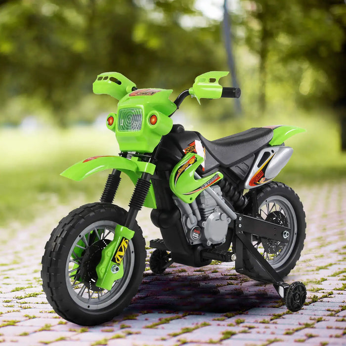 6V Kids Electric Motorbike – Green | Music, Headlights and Training Wheels HOMCOM - Little and Giant Explorers