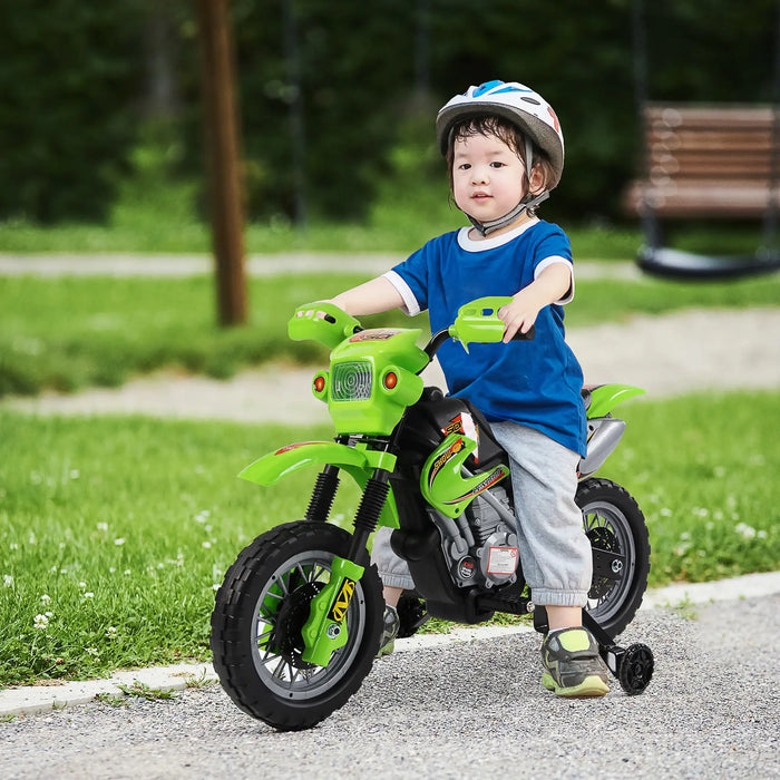 6V Kids Electric Motorbike – Green | Music, Headlights and Training Wheels HOMCOM - Little and Giant Explorers