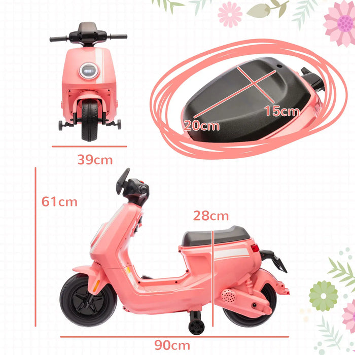 Pink toy scooter with measurements on a white background