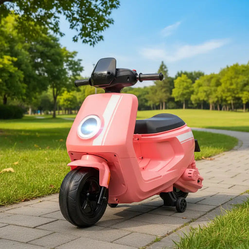 Pink toy scooter with black wheels in a park setting