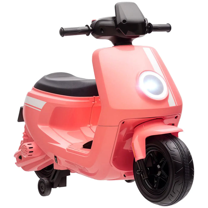 Pink toy scooter with black seat and wheels on a white background