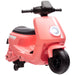 Pink toy scooter with black seat and wheels on a white background