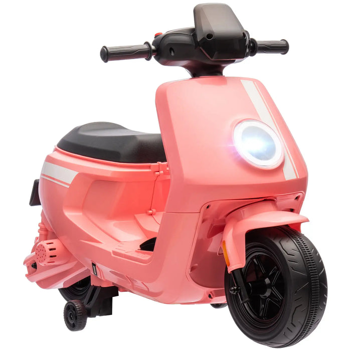 Pink toy scooter with black wheels on a white background