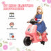 6V Kids Electric Motorbike with a child on it, surrounded by floral patterns and product features.