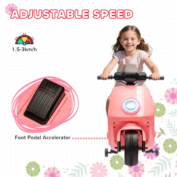 Child riding a pink toy scooter with adjustable speed features and foot pedal accelerator.