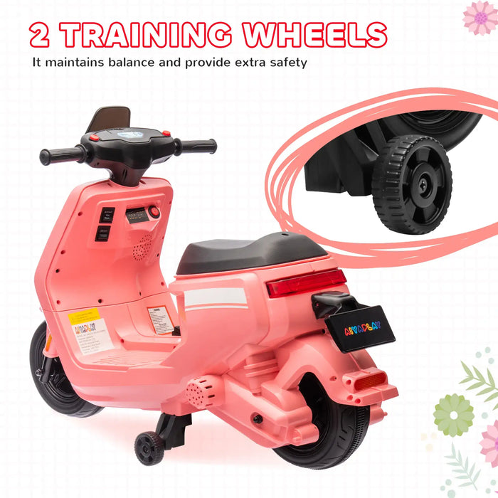 Pink toy scooter with training wheels on a white background
