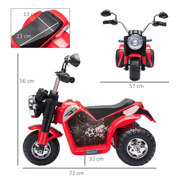 Red and black toy motorcycle with measurements on a white background