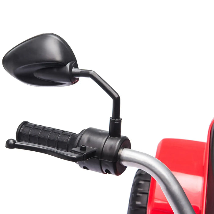 Black motorcycle mirror attached to a red motorcycle handlebar on a white background