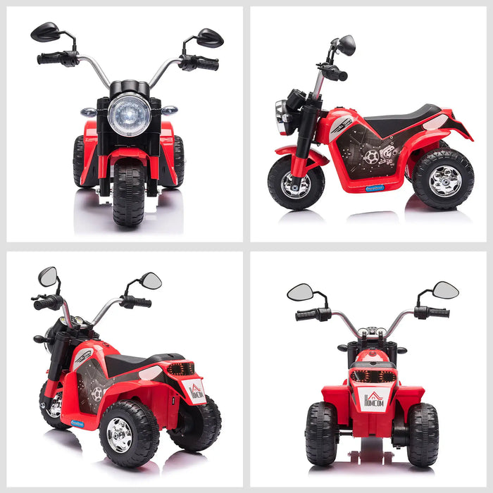 Red toy motorcycle with black accents on a white background
