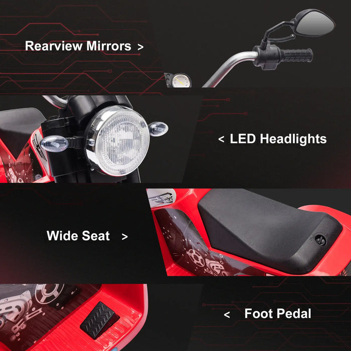 Motorcycle features including rearview mirrors, LED headlights, wide seat, and foot pedal on a black background.