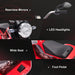 Motorcycle features including rearview mirrors, LED headlights, wide seat, and foot pedal on a black background.
