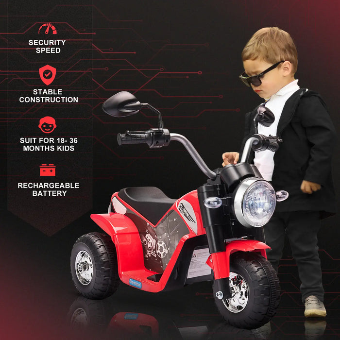Child in formal attire standing next to a red toy motorcycle with features listed on the left.