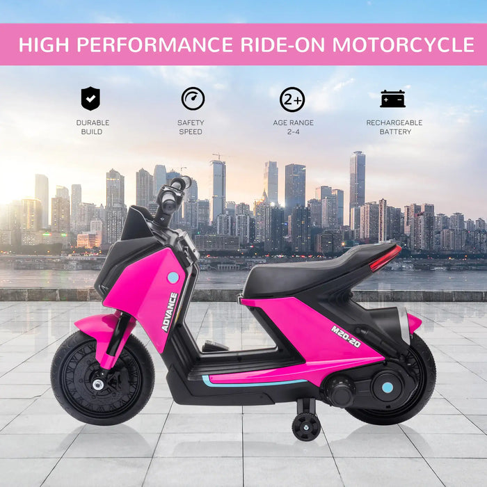 Pink kids' electric motorbike ride-on toy with training wheels, city skyline background