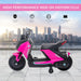 Pink kids' electric motorbike ride-on toy with training wheels, city skyline background
