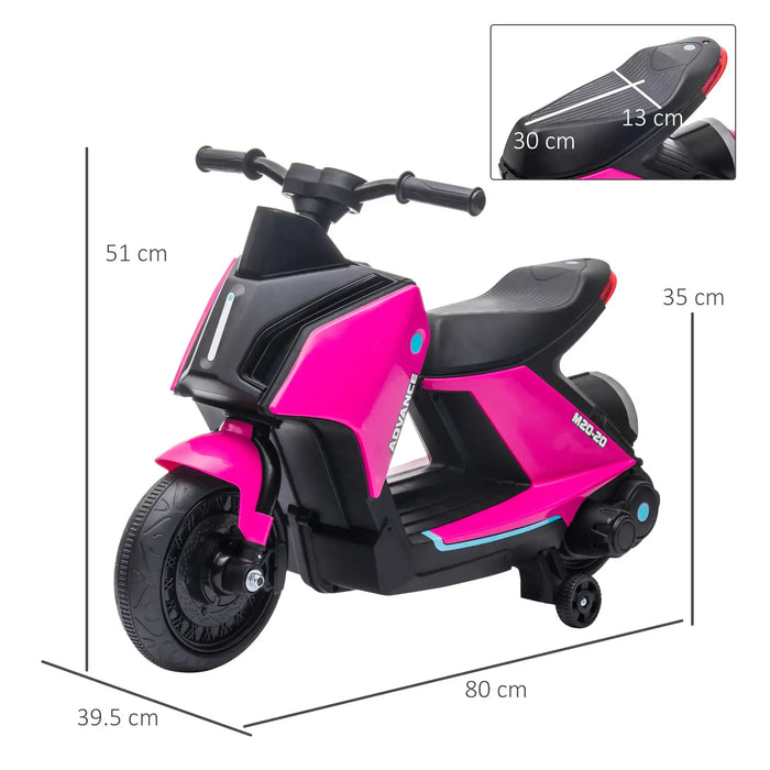 Pink kids electric motorbike ride-on toy with safety training wheels, size dimensions shown
