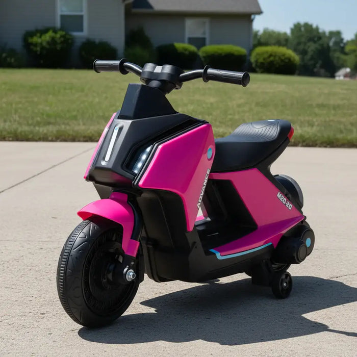 Pink kids electric motorbike ride-on toy with training wheels on driveway outdoors