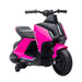 Pink kids electric motorbike ride-on toy with training wheels, black seat and handlebars