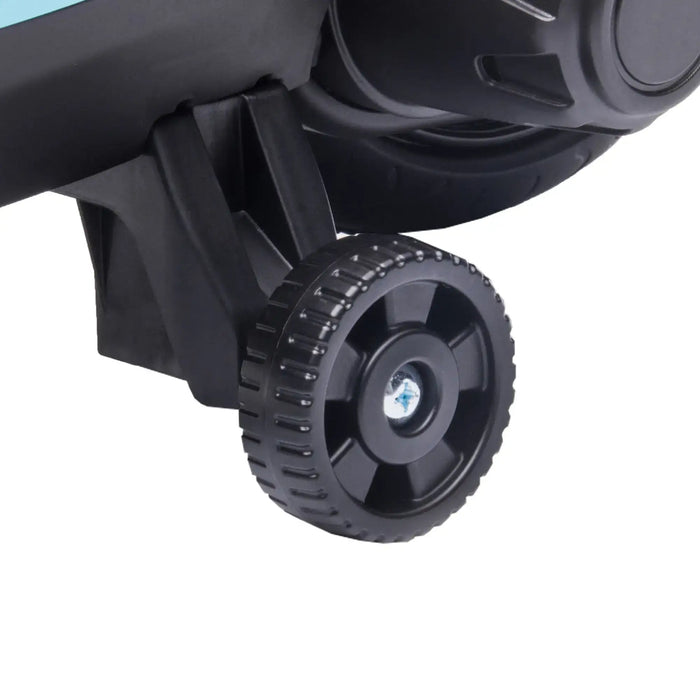 Close-up of black safety training wheel on kids electric motorbike ride-on toy