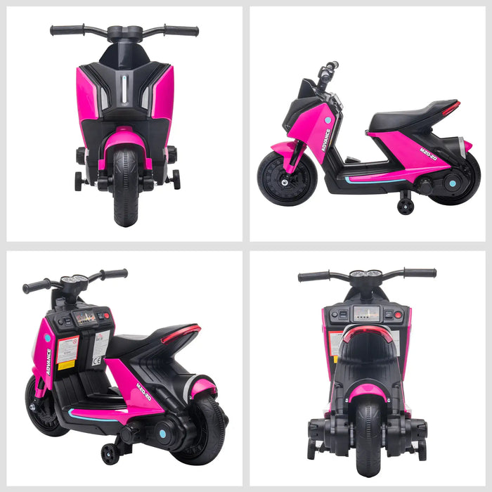 Pink kids electric motorbike toy with safety training wheels, shown from multiple angles