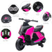 6V pink kids electric motorbike ride-on toy with training wheels, LED lights, dashboard, and foot pedal