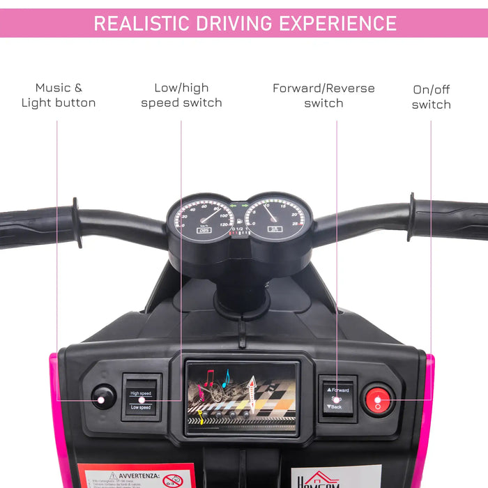 Pink kids electric motorbike handlebar with controls, realistic dashboard, and labeled buttons.