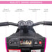 Pink kids electric motorbike handlebar with controls, realistic dashboard, and labeled buttons.