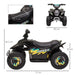 Black 6V kids electric quad bike with SPEED design, measurements labeled, side and front view.